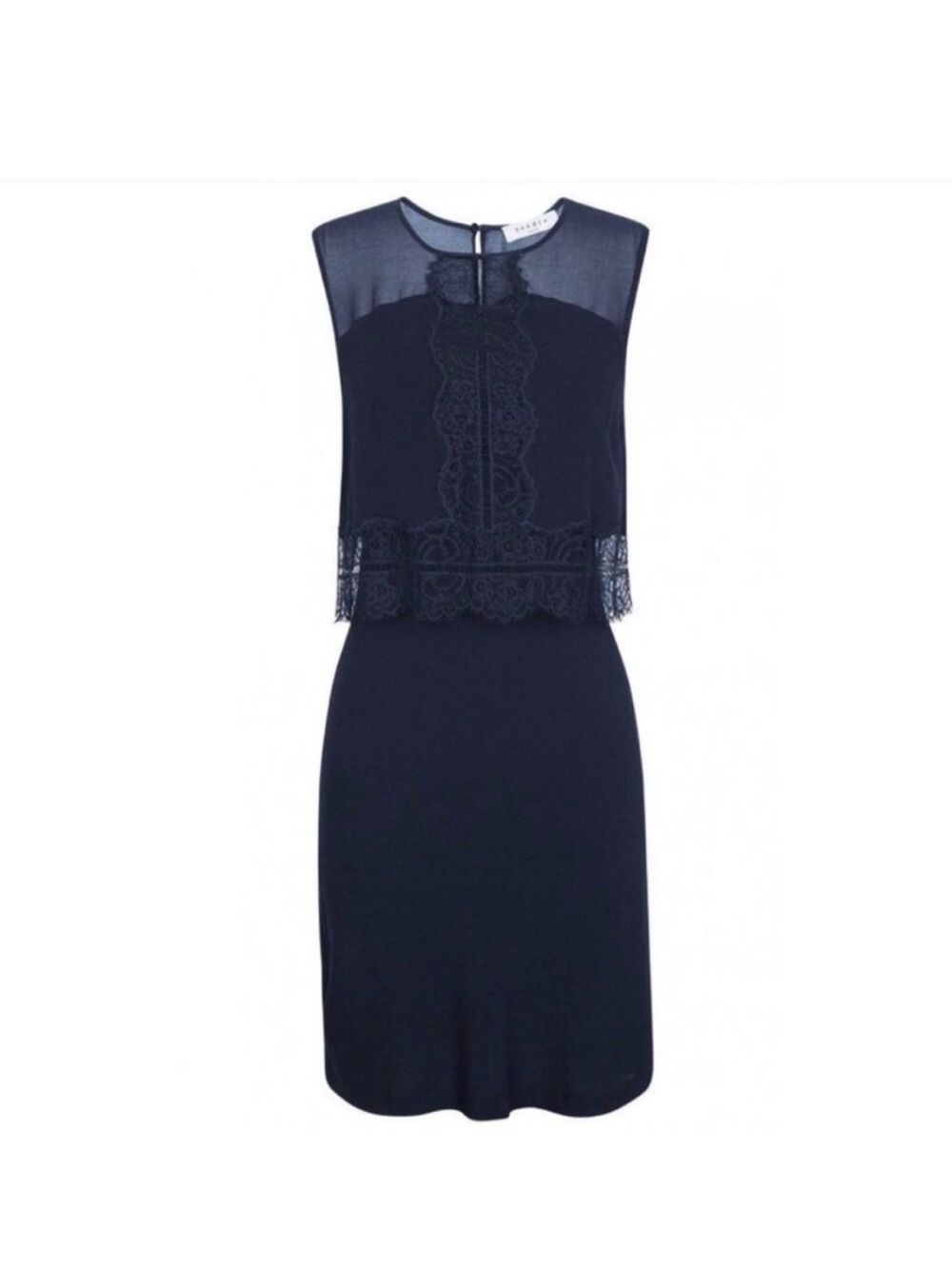 Sandro Paris Navy Blue Renza Lace Mesh Overlay Midi Shift Cocktail Party Dress 3